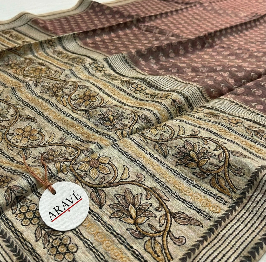 Sutra Saaz - Deep Peach Bhagalpuri Silk Saree with Katha Stitch Pallu