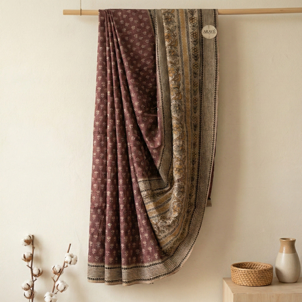 Sutra Saaz - Deep Peach Bhagalpuri Silk Saree with Katha Stitch Pallu