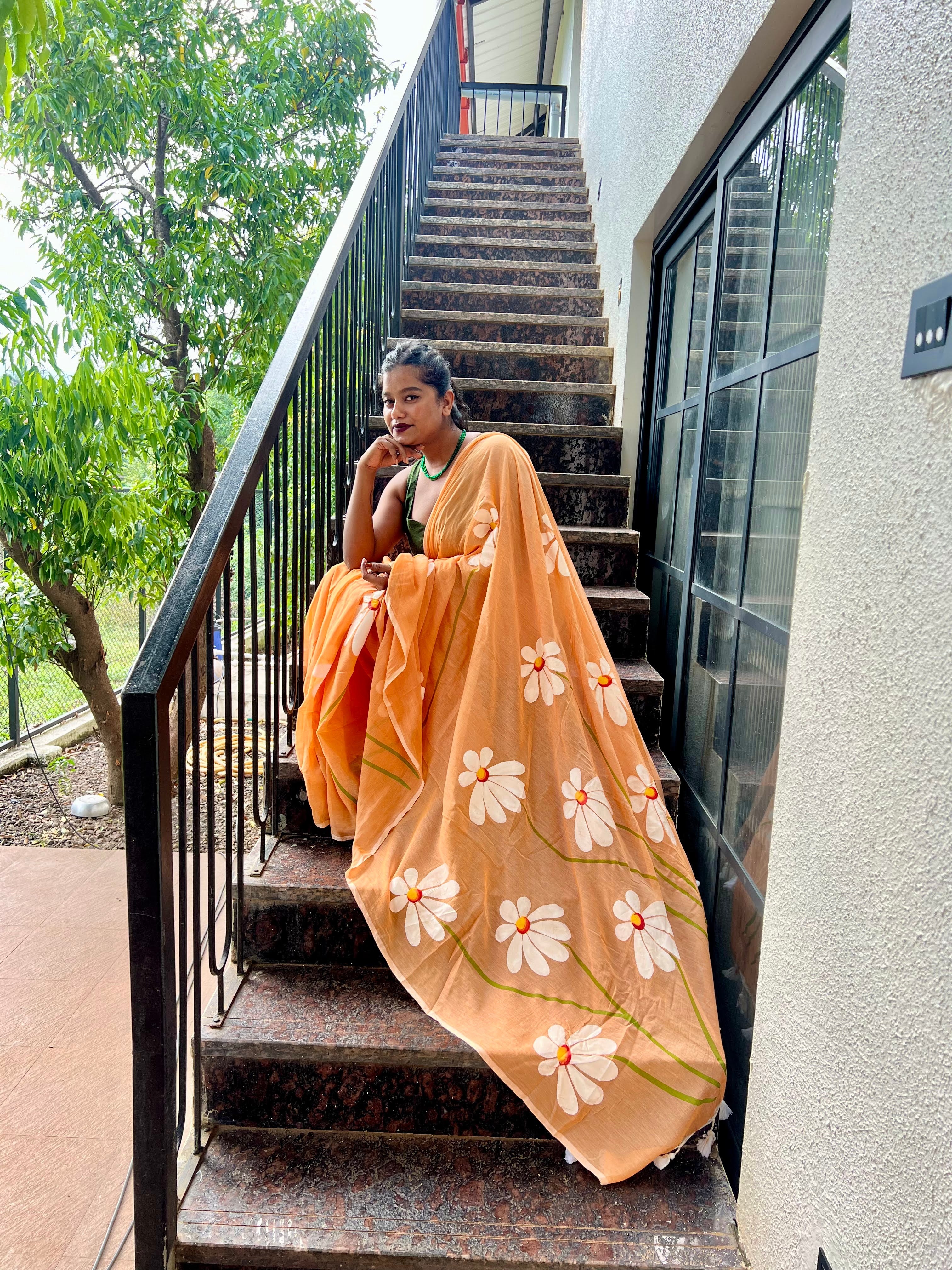 Peach Saaz - Peach Mulmul Saree with Hand-Painted Daisy Motifs