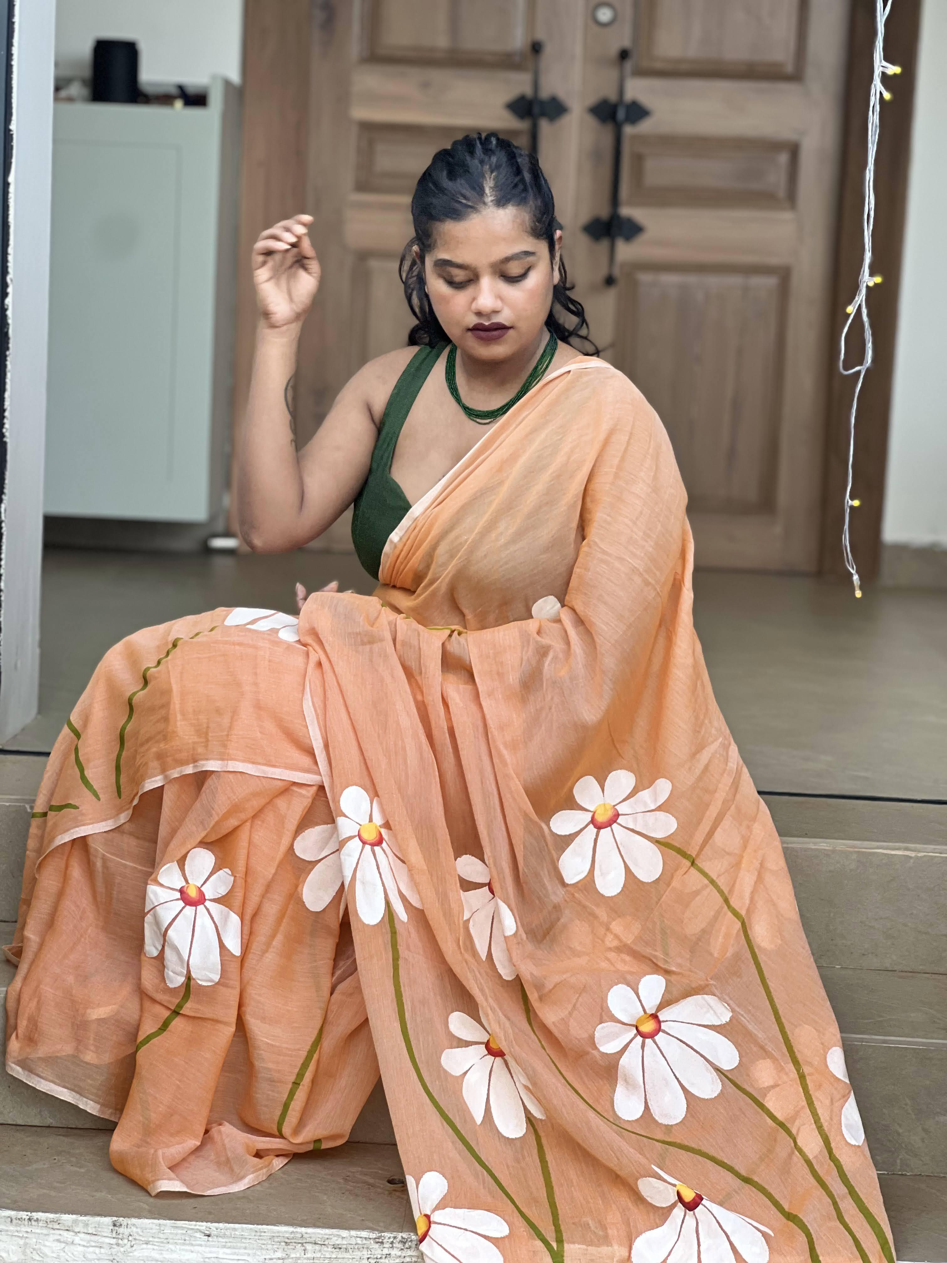 Peach Saaz - Peach Mulmul Saree with Hand-Painted Daisy Motifs