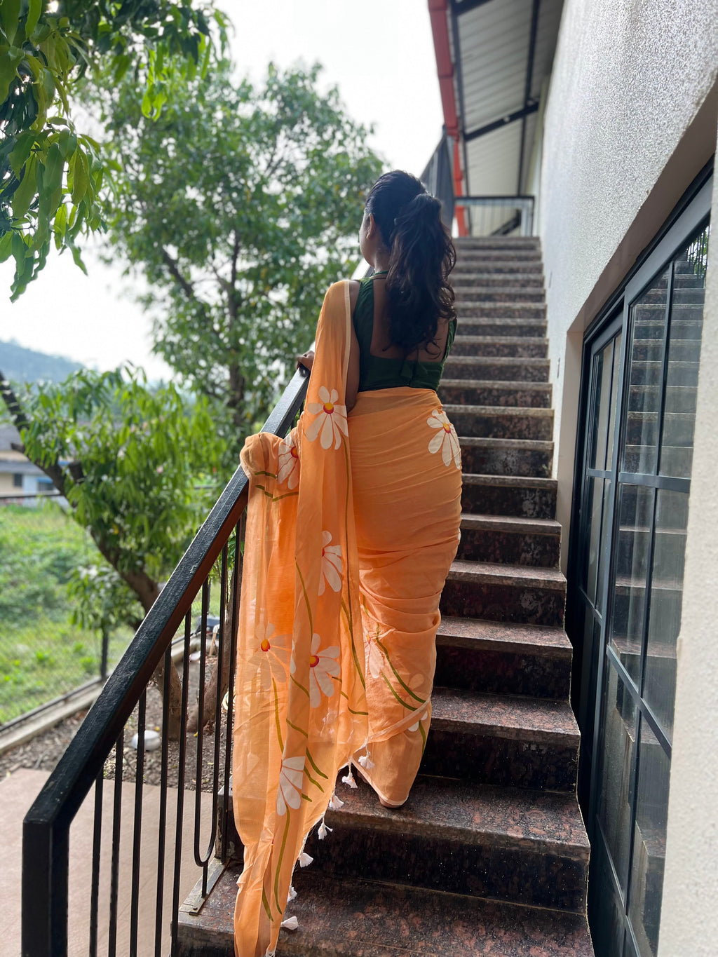 Peach Saaz - Peach Mulmul Saree with Hand-Painted Daisy Motifs