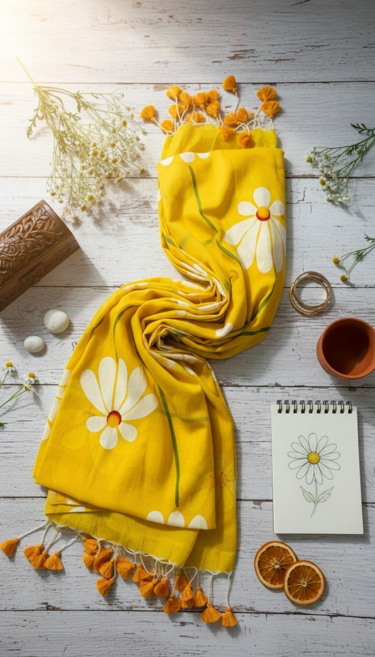 Sunehri Daisy - Mustard Yellow Mulmul Saree with Hand-Painted Daisy Motifs