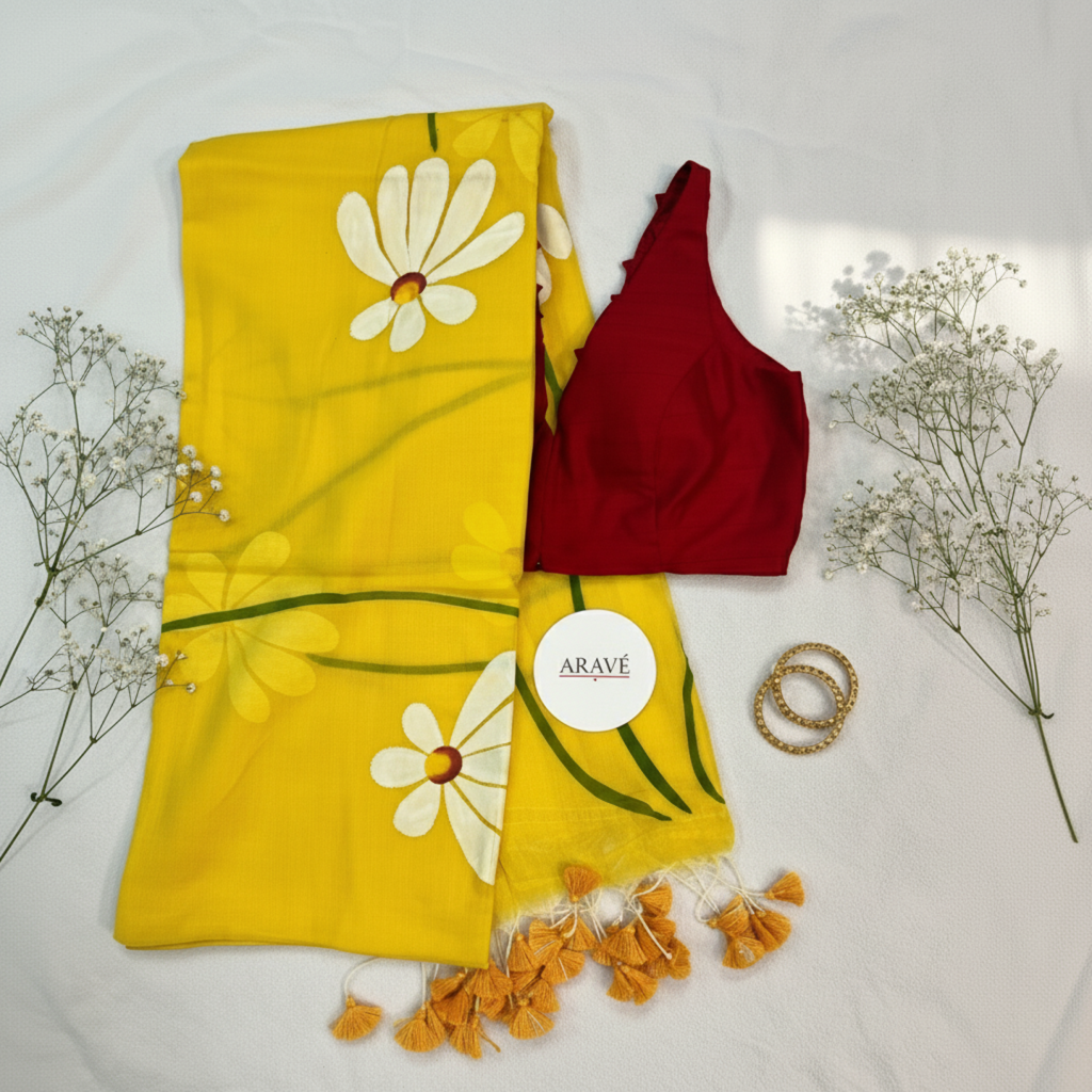 Sunehri Daisy - Mustard Yellow Mulmul Saree with Hand-Painted Daisy Motifs